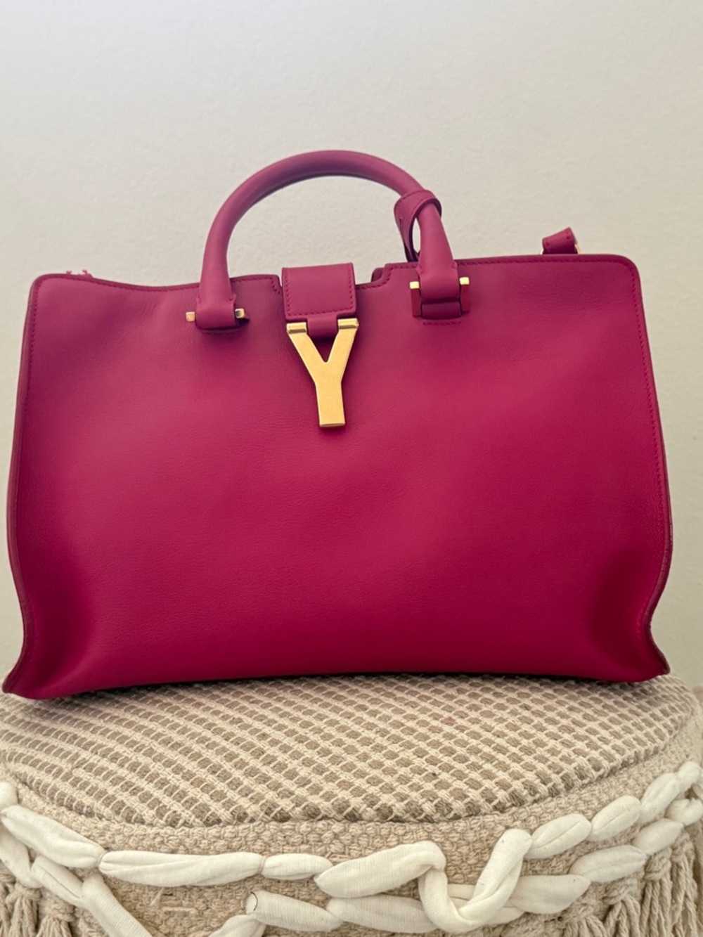 Yves Saint Laurent Y Tote Fuchsia Leather Gold Handware Shoulder Strap Authentic